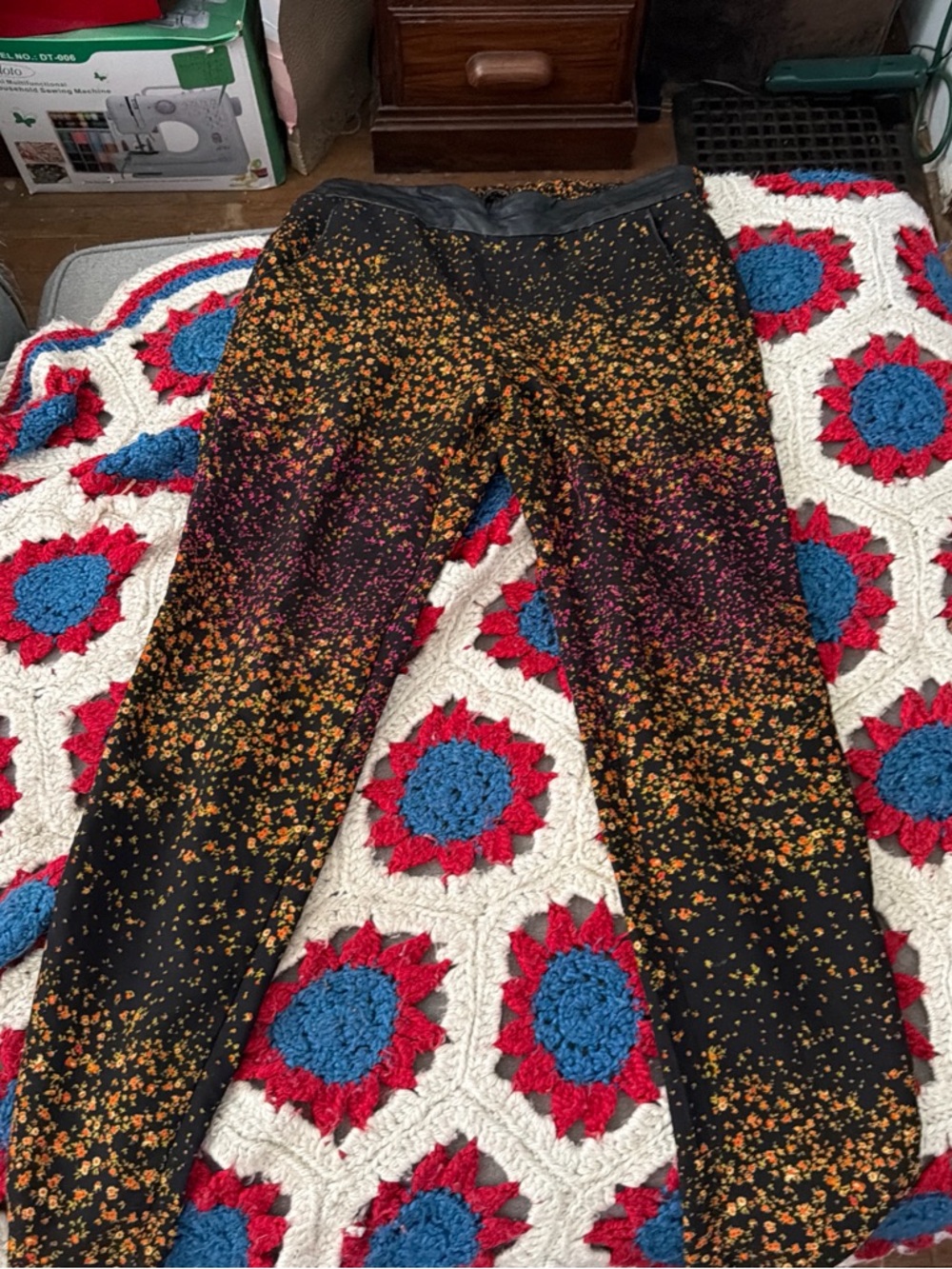Jessica Simpson Black Straight Leg Pants with Orange & Pink Speckle Print